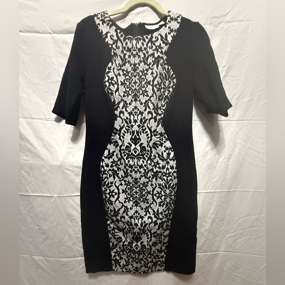 Bisou Bisou Michele Bohbot Black‎ and White Damask Panel Sheath Dress